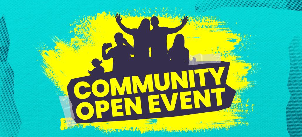 blue background with yellow paint sweep marks with black silhouette of family and a duck with community open event written below in yellow writing fitted amongst the silhouette