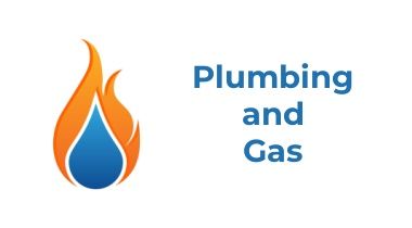 plumbing and gas text next a flame a water drop icon